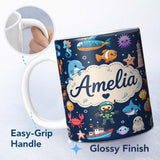 Personalized Custom Name Cartoon Ocean with Various Sea Creatures on Deep Navy Background 11oz Ceramic Coffee Tea Mug White Large Handle
