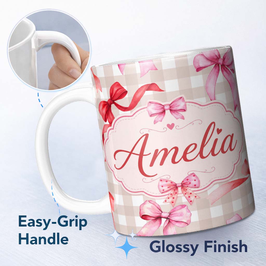 Personalized Custom Name Watercolor Red and Pink Ribbon Bows Beige Gingham Check Background 11oz Ceramic Coffee Tea Mug White Large Handle