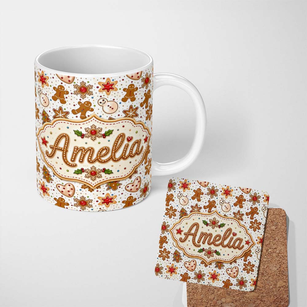 Personalized Custom Name Gingerbread Cookies Snowman Star Christmas Seamless Pattern Lovely 11oz Ceramic Coffee Tea Mug White Large Handle