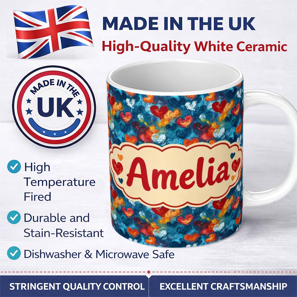 Personalized Custom Name Abstract Painted Hearts Blue Red Orange Brushstroke Seamless Pattern 11oz Ceramic Coffee Tea Mug White Large Handle