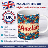 Personalized Custom Name Abstract Painted Hearts Blue Red Orange Brushstroke Seamless Pattern 11oz Ceramic Coffee Tea Mug White Large Handle
