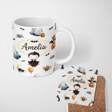 Personalized Custom Name Cute Halloween Dracula Ghost Bats on Light Grey Background Seamless 11oz Ceramic Coffee Tea Mug White Large Handle