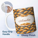 Personalized Custom Name Classic Croissant on Dark Blue Background Repeating Seamless Pattern 11oz Ceramic Coffee Tea Mug White Large Handle