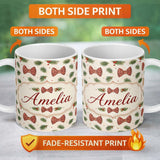 Personalized Custom Name Christmas Pine Branch Bows Rustic Holiday Seamless Pattern Lovely 11oz Ceramic Coffee Tea Mug White Large Handle