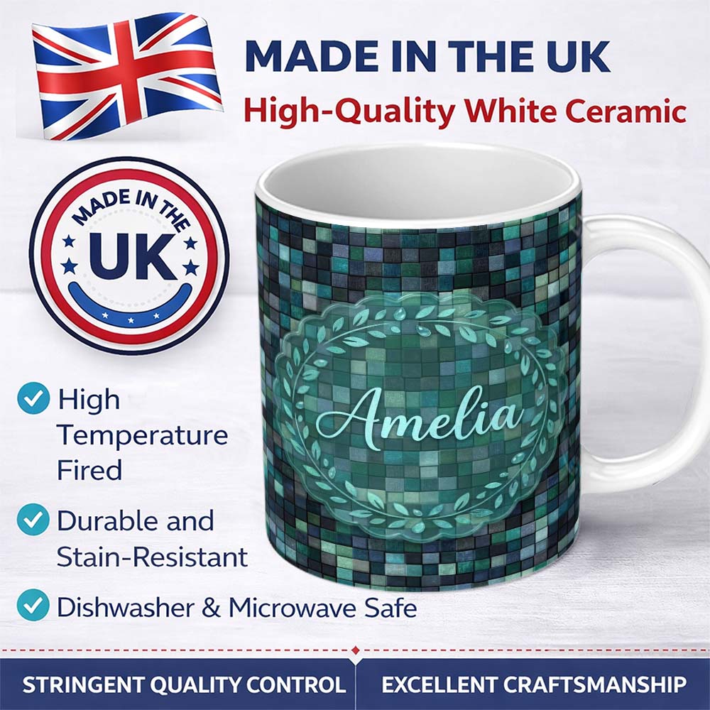Personalized Custom Name Blue Green Square Tile Mosaic Texture Seamless Pattern Lovely 11oz Ceramic Coffee Tea Mug White Large Handle