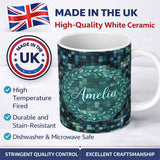 Personalized Custom Name Blue Green Square Tile Mosaic Texture Seamless Pattern Lovely 11oz Ceramic Coffee Tea Mug White Large Handle