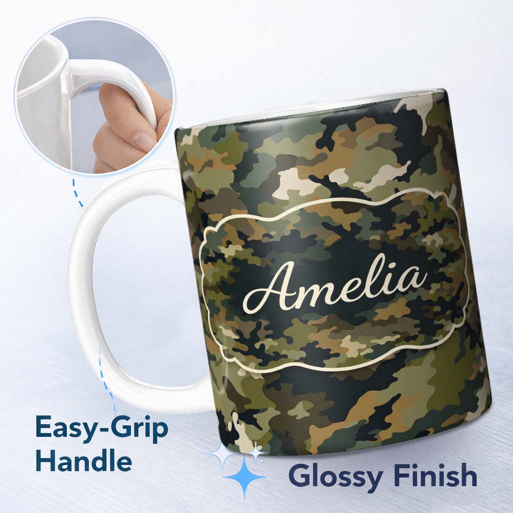 Personalized Custom Name Classic Green Brown Army Camouflage Seamless Pattern Lovely 11oz Ceramic Coffee Tea Mug White Large Handle