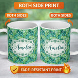 Personalized Custom Name Rich Green Monstera Jungle Leaves Dense Seamless Pattern Lovely 11oz Ceramic Coffee Tea Mug White Large Handle