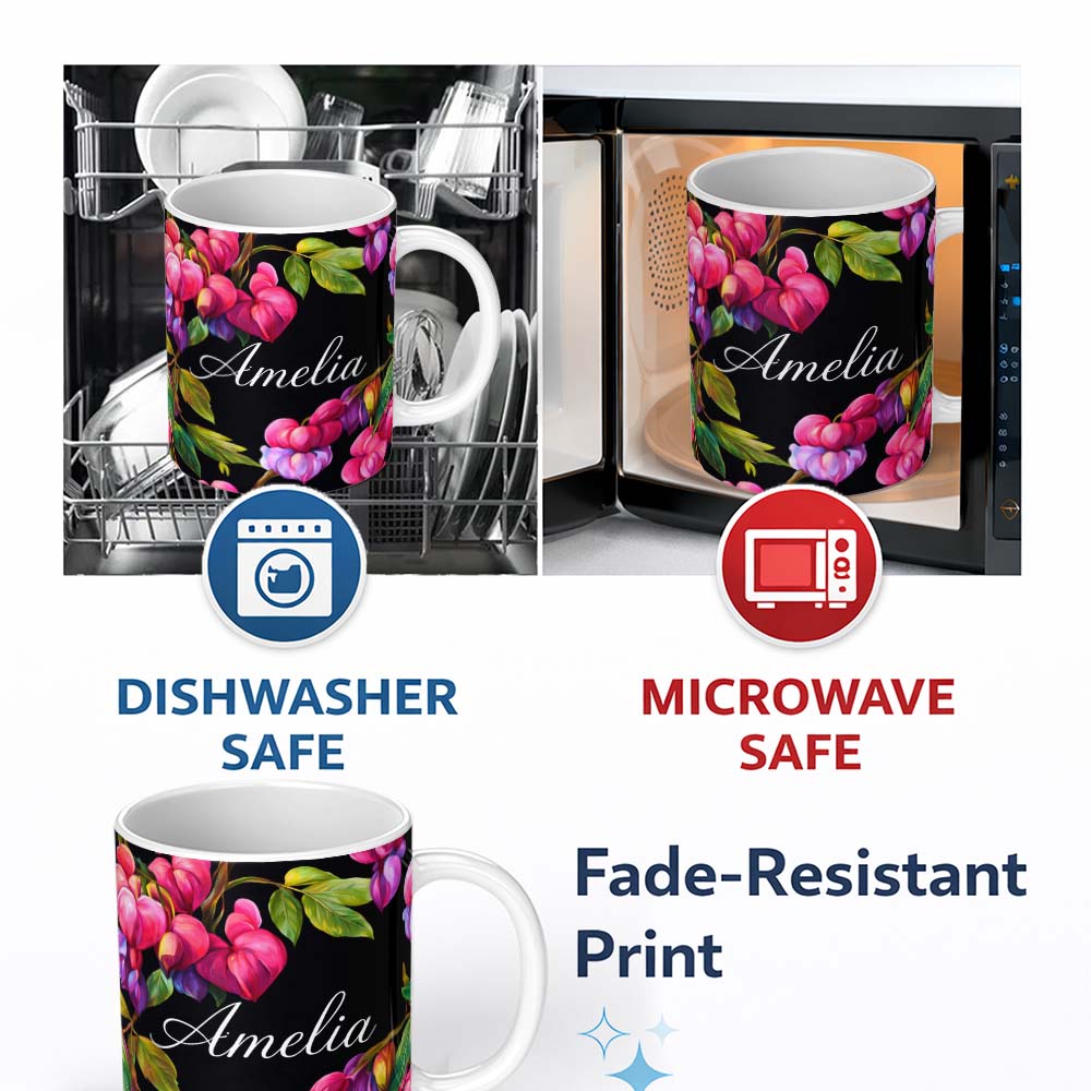 Personalized Custom Name Vibrant Pink Bleeding Heart Flowers Dark Background Floral Pattern 11oz Ceramic Coffee Tea Mug White Large Handle