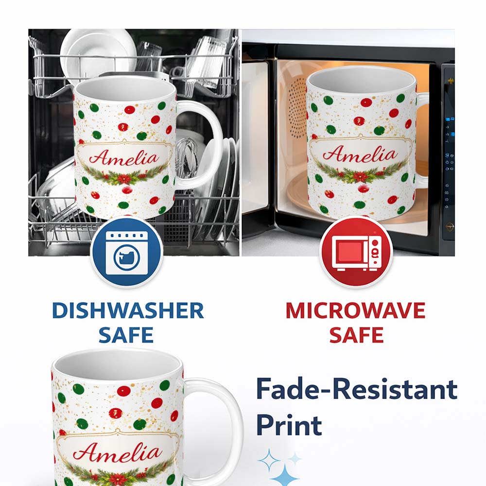 Personalized Custom Name Red and Green Polka Dots with Gold Splatter Seamless Pattern Lovely 11oz Ceramic Coffee Tea Mug White Large Handle