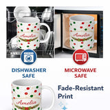 Personalized Custom Name Red and Green Polka Dots with Gold Splatter Seamless Pattern Lovely 11oz Ceramic Coffee Tea Mug White Large Handle