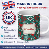 Personalized Custom Name Scandinavian Reindeer Snowflake Knit Pattern Green Background Lovely 11oz Ceramic Coffee Tea Mug White Large Handle