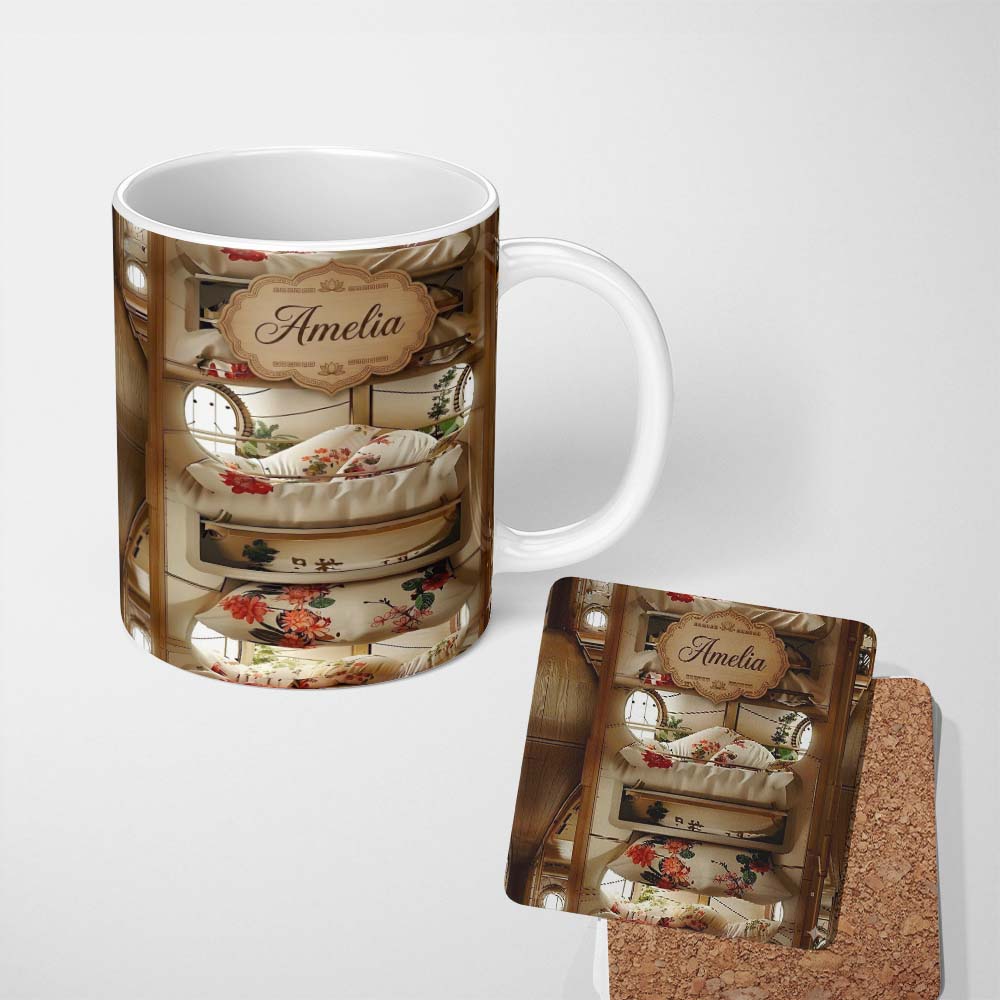 Personalized Custom Name Luxury Capsule Bed Pods with Floral Bedding and Soft Lighting Design 11oz Ceramic Coffee Tea Mug White Large Handle