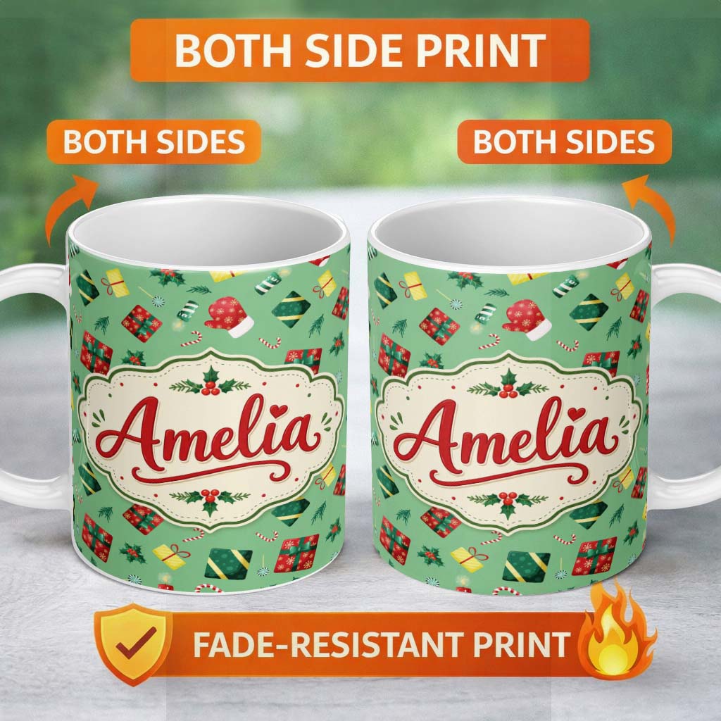 Personalized Custom Name Santa Reindeer Snowman Gift Boxes Ornaments Festive Seamless Pattern 11oz Ceramic Coffee Tea Mug White Large Handle