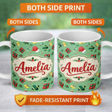 Personalized Custom Name Santa Reindeer Snowman Gift Boxes Ornaments Festive Seamless Pattern 11oz Ceramic Coffee Tea Mug White Large Handle