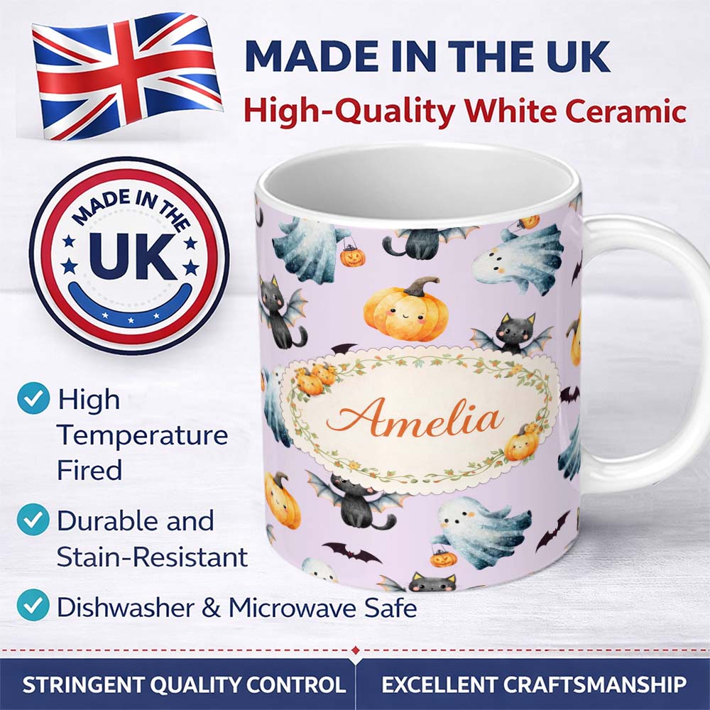 Personalized Custom Name Halloween Ghost Pumpkin Cat Seamless Pattern Lavender Cute Spooky 11oz Ceramic Coffee Tea Mug White Large Handle