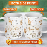 Personalized Custom Name Safari Animals with Elephant Lion and Leopard on Light Grey Lovely 11oz Ceramic Coffee Tea Mug White Large Handle