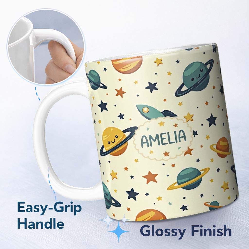 Personalized Custom Name Cute Space Planets Stars Rocket Seamless Pattern Cute Unique Gift 11oz Ceramic Coffee Tea Mug White Large Handle