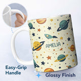 Personalized Custom Name Cute Space Planets Stars Rocket Seamless Pattern Cute Unique Gift 11oz Ceramic Coffee Tea Mug White Large Handle