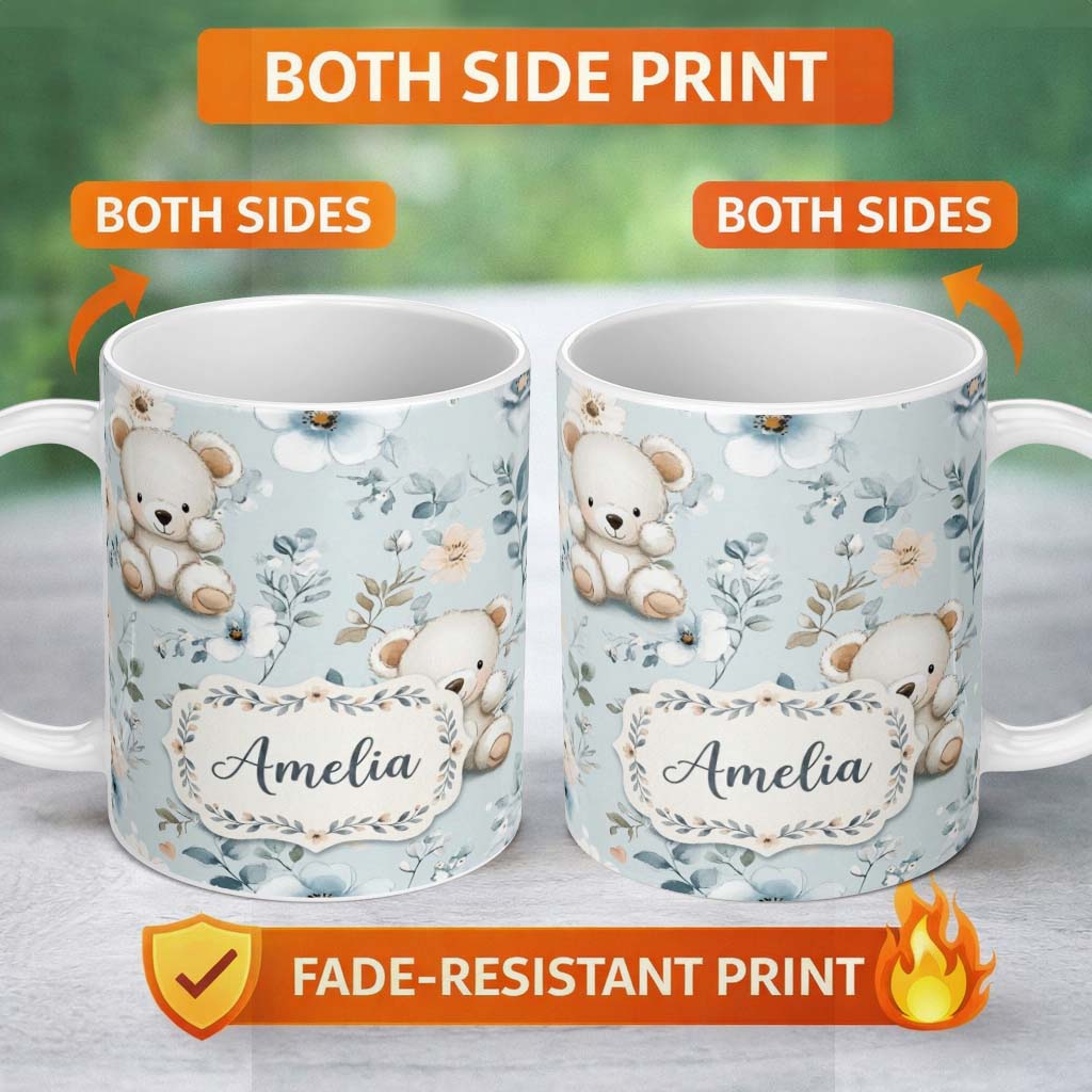 Personalized Custom Name Cute Teddy Bears with Soft Blue Floral Background Seamless Pattern 11oz Ceramic Coffee Tea Mug White Large Handle