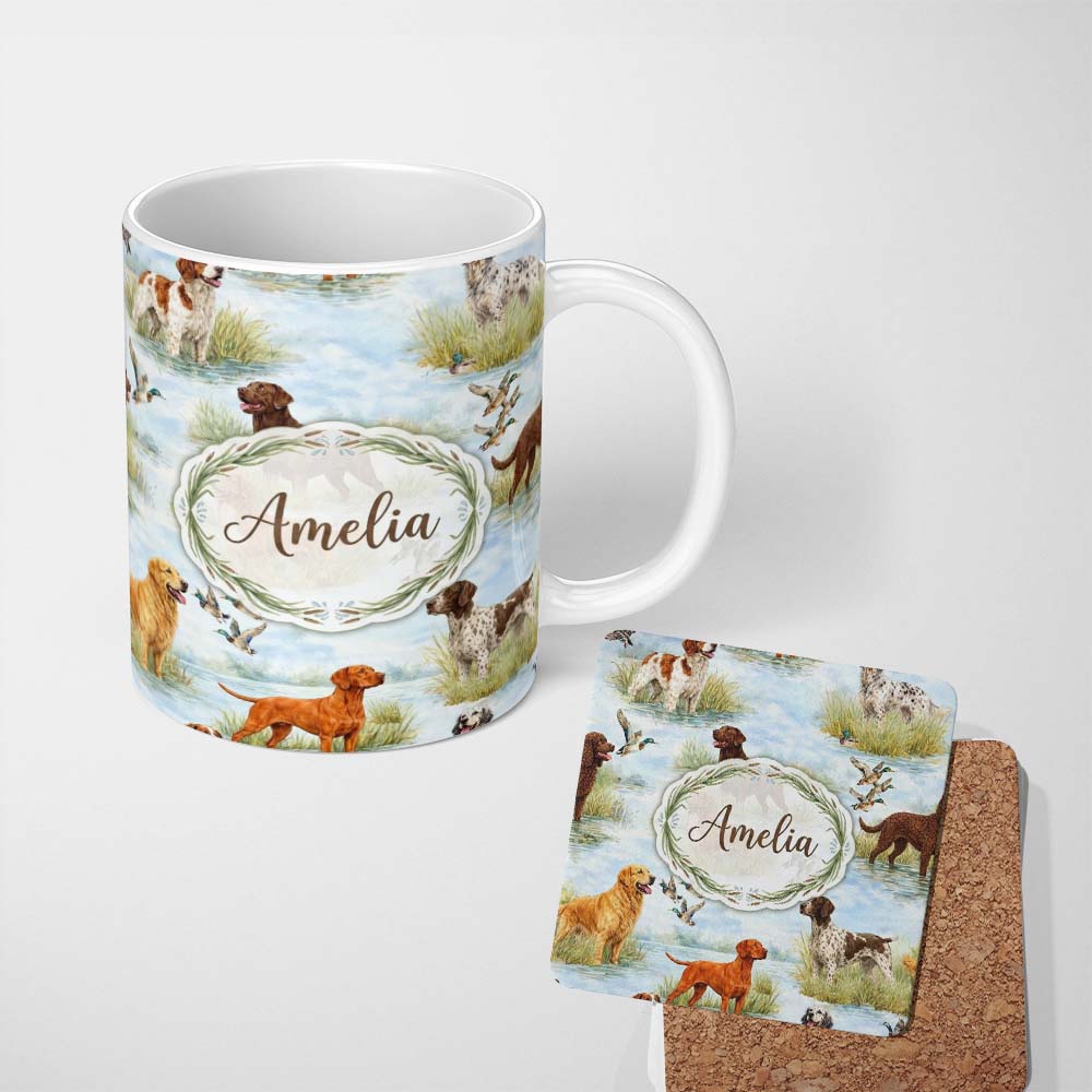 Personalized Custom Name Watercolor Hunting Dogs Ducks Lake Nature Seamless Pattern Lovely 11oz Ceramic Coffee Tea Mug White Large Handle