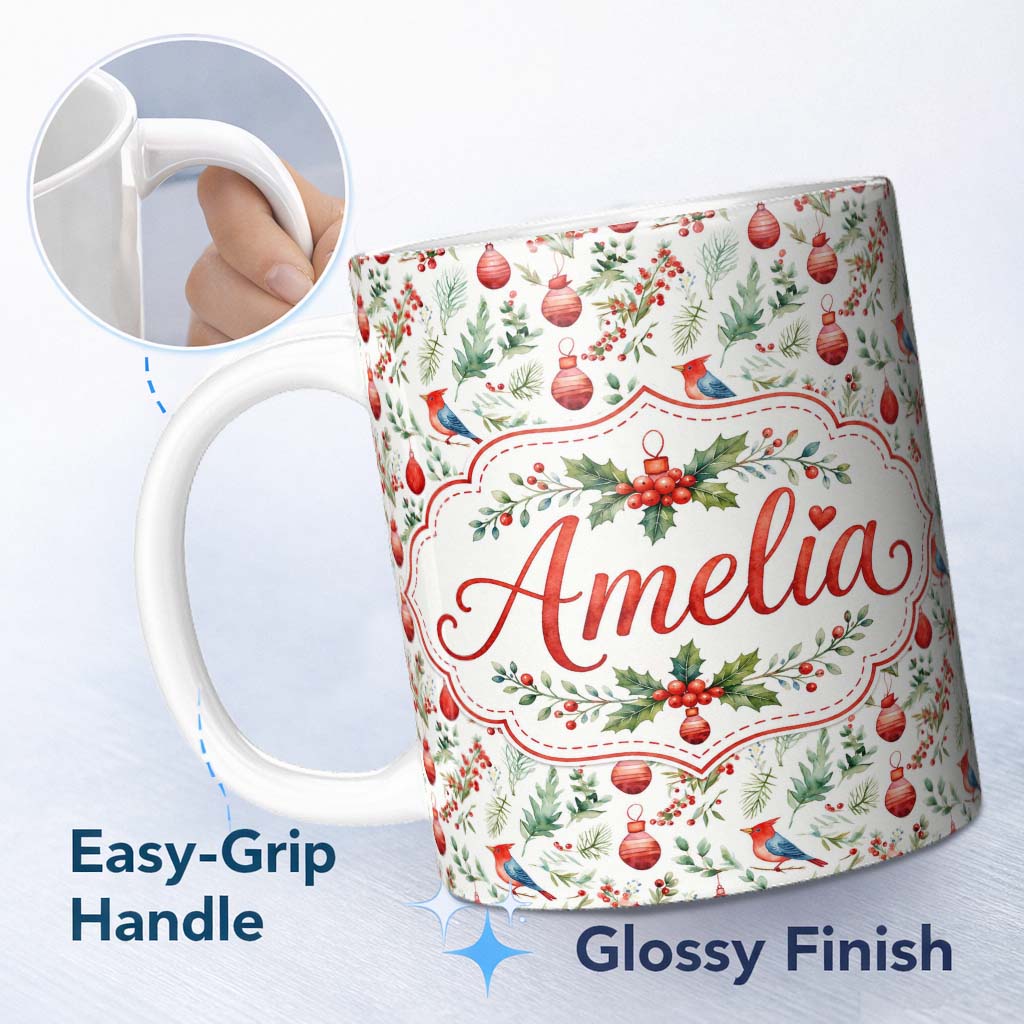Personalized Custom Name Watercolor Christmas Birds Baubles Holly Leaves Festive Seamless 11oz Ceramic Coffee Tea Mug White Large Handle