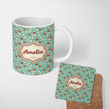 Personalized Custom Name Popcorn Buckets and Kernels on Teal Polka Dot Background Seamless 11oz Ceramic Coffee Tea Mug White Large Handle