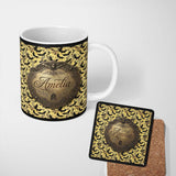 Personalized Custom Name Classic Bats in Yellow Cloudy Sky Vintage Halloween Seamless Pattern 11oz Ceramic Coffee Tea Mug White Large Handle