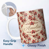 Personalized Custom Name Deep Red Orchid Floral Pattern on Vintage Neutral Background Lovely 11oz Ceramic Coffee Tea Mug White Large Handle