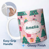 Personalized Custom Name Festive Green Christmas Tree Gifts Cute Holiday Seamless Pattern 11oz Ceramic Coffee Tea Mug White Large Handle
