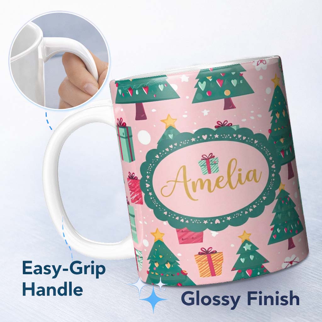 Personalized Custom Name Cute Christmas Tree Gift Box Festive Seamless Pattern Lovely 11oz Ceramic Coffee Tea Mug White Large Handle