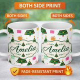 Personalized Custom Name Festive Christmas Trees Gifts Holiday Seamless Pattern Lovely 11oz Ceramic Coffee Tea Mug White Large Handle