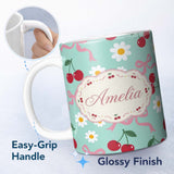 Personalized Custom Name Cute Cherry Bow and Daisy Seamless Pattern on Teal Cute Unique Gift 11oz Ceramic Coffee Tea Mug White Large Handle