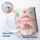 Personalized Custom Name Cute Christmas Festive Stickers Gingerbread House Tree Cream Stripe 11oz Ceramic Coffee Tea Mug White Large Handle