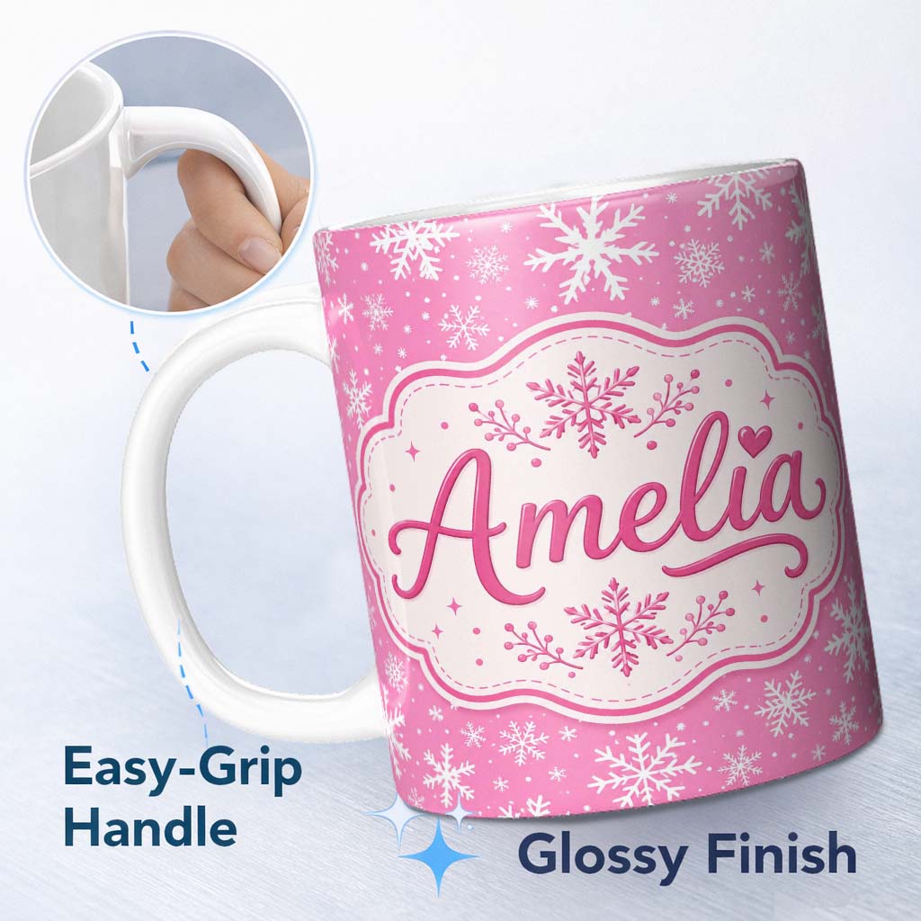 Personalized Custom Name Pink Snowflakes Winter Seamless Pattern Thoughtful Gift Idea Lovely 11oz Ceramic Coffee Tea Mug White Large Handle