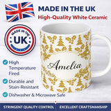 Personalized Custom Name Gold Glitter Christmas Tree Pattern Festive Design Cute Unique Gift 11oz Ceramic Coffee Tea Mug White Large Handle
