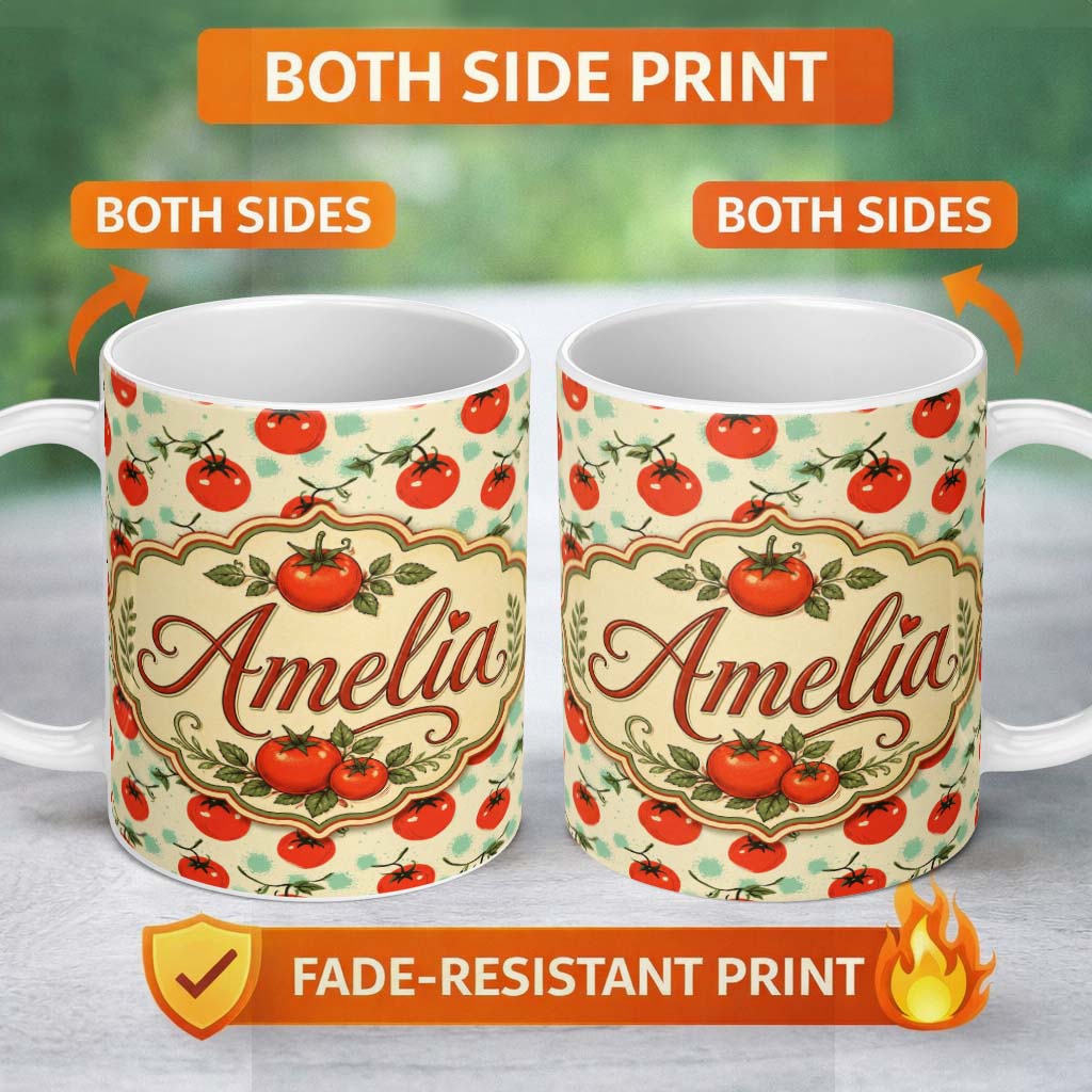 Personalized Custom Name Playful Cherry Tomatoes with Mint Splash Background Seamless Pattern 11oz Ceramic Coffee Tea Mug White Large Handle