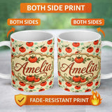 Personalized Custom Name Playful Cherry Tomatoes with Mint Splash Background Seamless Pattern 11oz Ceramic Coffee Tea Mug White Large Handle
