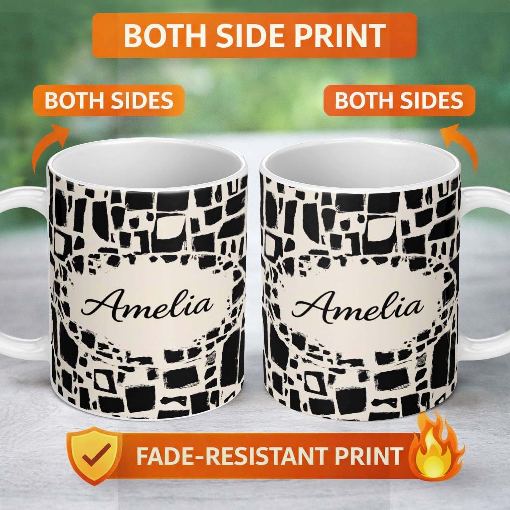 Personalized Custom Name Irregular Mosaic Tiles Black Cream Abstract Geometric Pattern Lovely 11oz Ceramic Coffee Tea Mug White Large Handle