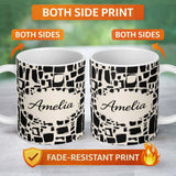 Personalized Custom Name Irregular Mosaic Tiles Black Cream Abstract Geometric Pattern Lovely 11oz Ceramic Coffee Tea Mug White Large Handle