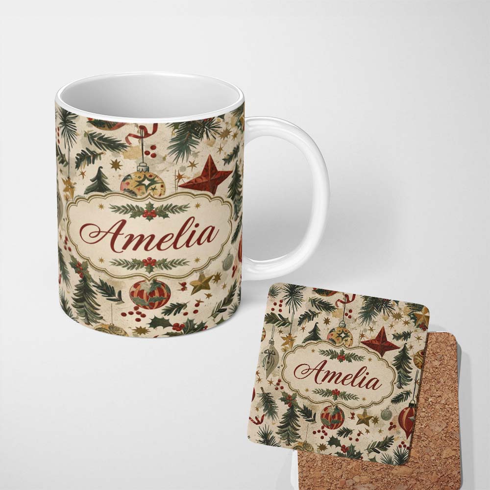 Personalized Custom Name Classic Christmas Ornaments Pine Branches Stars and Festive Baubles 11oz Ceramic Coffee Tea Mug White Large Handle