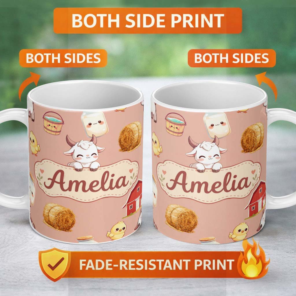 Personalized Custom Name Cute Farm Goat Barn Hay Bale Chick Peach Background Seamless Pattern 11oz Ceramic Coffee Tea Mug White Large Handle