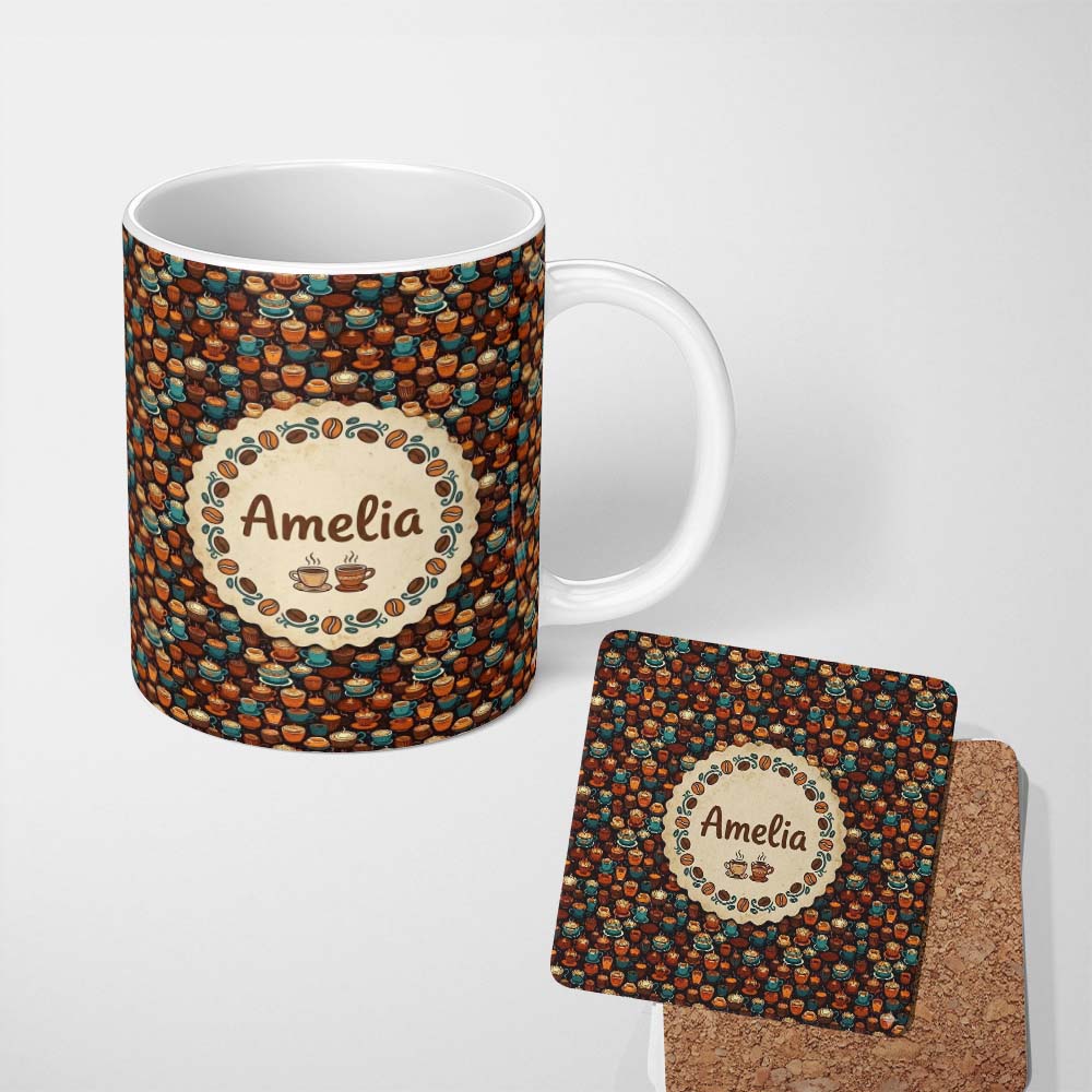 Personalized Custom Name Colorful Coffee Cups and Mugs Pattern on Dark Background Seamless 11oz Ceramic Coffee Tea Mug White Large Handle