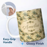 Personalized Custom Name Muted Coastal Palm Tree Pattern in Soft Green and Beige Tones Lovely 11oz Ceramic Coffee Tea Mug White Large Handle