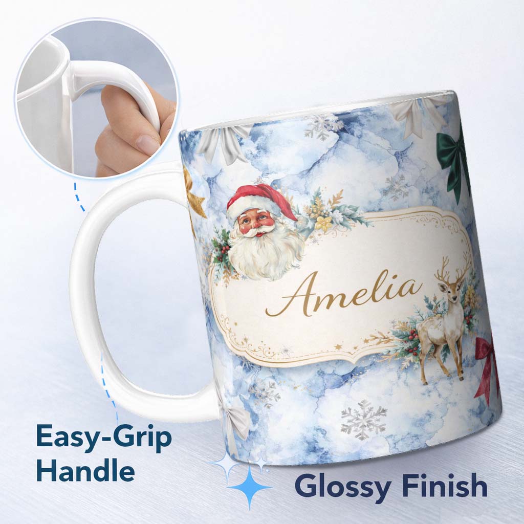 Personalized Custom Name Christmas Santa Reindeer Snowflake Bow Festive Seamless Pattern 11oz Ceramic Coffee Tea Mug White Large Handle