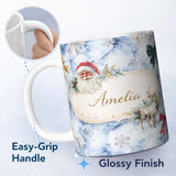 Personalized Custom Name Christmas Santa Reindeer Snowflake Bow Festive Seamless Pattern 11oz Ceramic Coffee Tea Mug White Large Handle