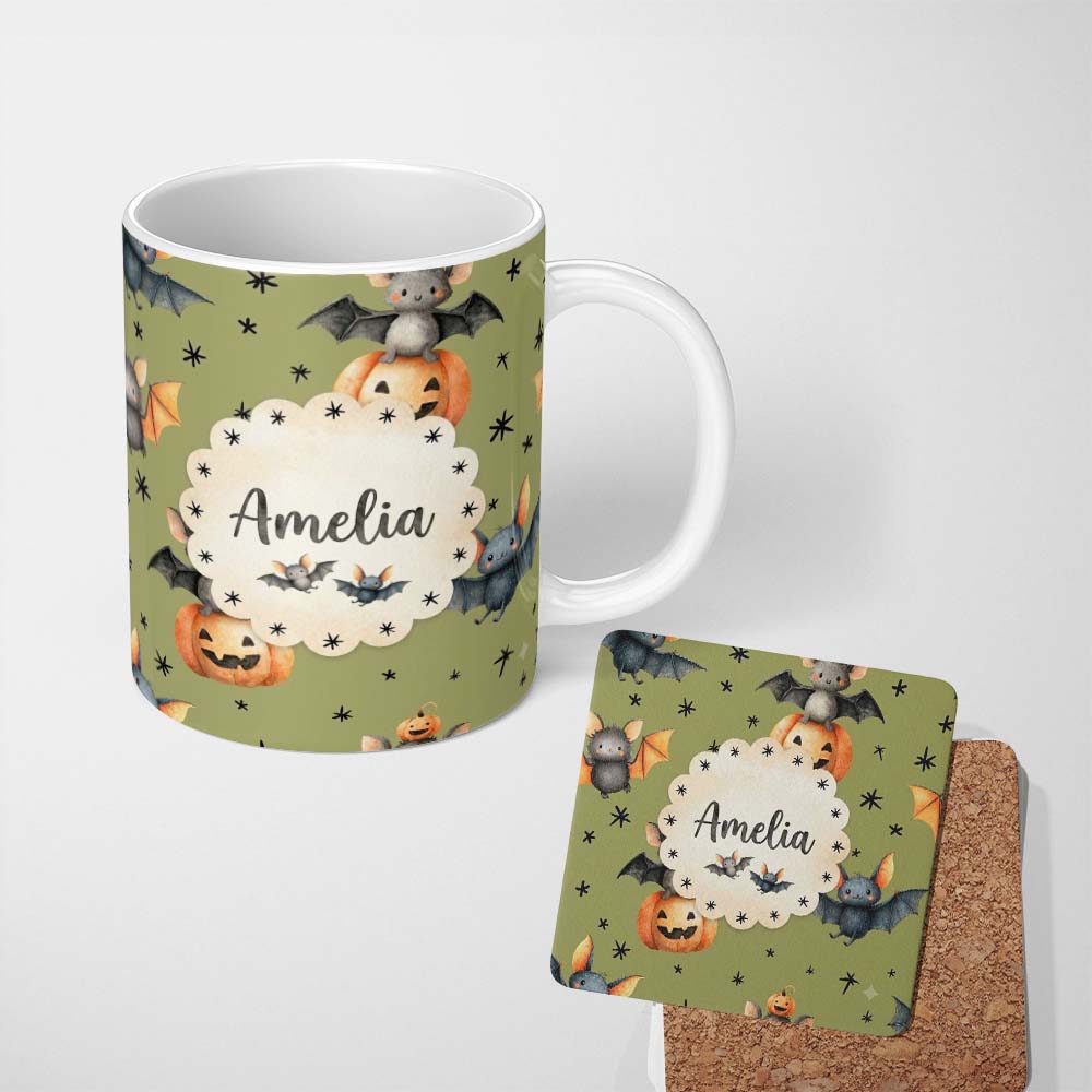 Personalized Custom Name Cute Halloween Bats Sitting on Pumpkins with Stars Olive Background 11oz Ceramic Coffee Tea Mug White Large Handle