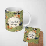 Personalized Custom Name Cute Halloween Bats Sitting on Pumpkins with Stars Olive Background 11oz Ceramic Coffee Tea Mug White Large Handle