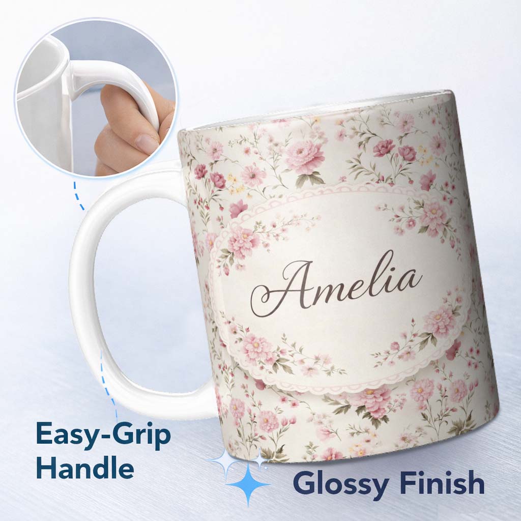 Personalized Custom Name Soft Pink Floral Garden Seamless Pattern Charming Kitchen Decor 11oz Ceramic Coffee Tea Mug White Large Handle