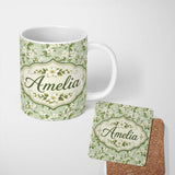 Personalized Custom Name Fresh Green Background White Blossom Branch Pattern Spring Floral 11oz Ceramic Coffee Tea Mug White Large Handle
